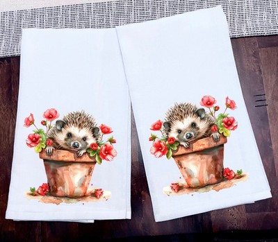 Kitchen Towel Tea Towel Hedgehog Flowers Tea Towel Ink on 100% Cotton Size 28x28