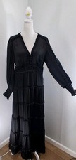 Chelsea & Violet Plisse Satin Womens Medium Dress Black V Neck Sheer Tiered Maxi