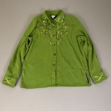 Bob Mackie Wearable Art Green Embroidered Button Down Blouse Size Medium