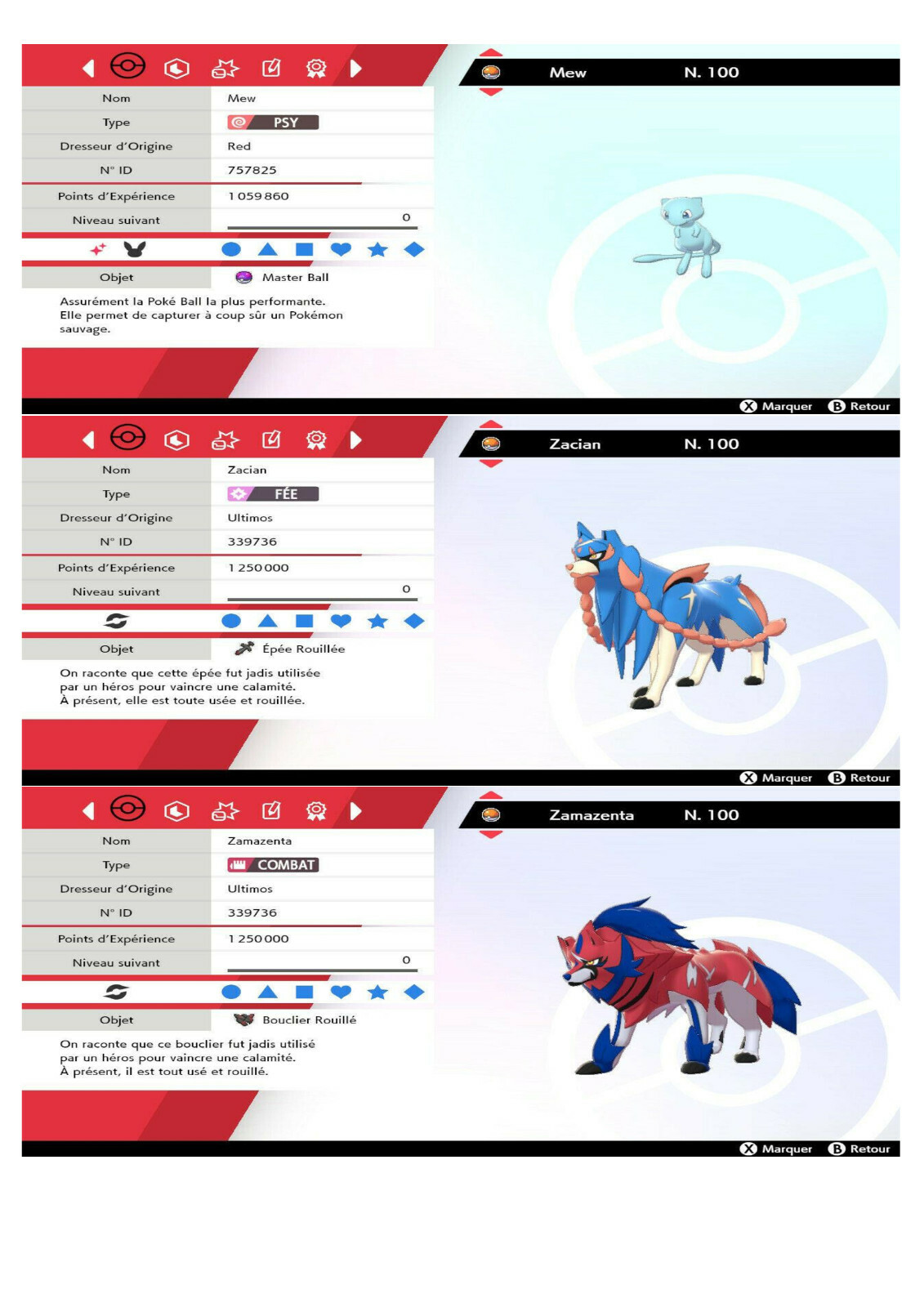 Pokemon MEW SHINY + ZAMAZENTA + ZACIAN 6iv niveau 100 (épée/bouclier)