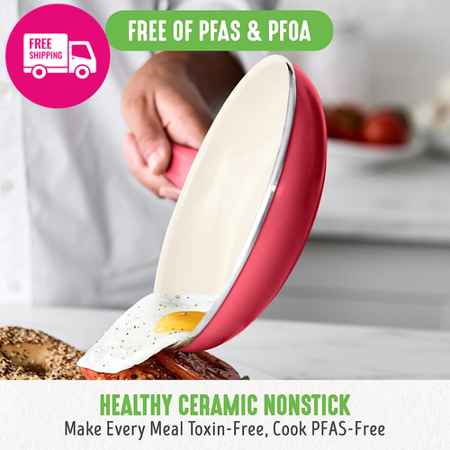 16-Piece Soft Grip Ceramic Nonstick Cookware Set PFAS-Free Red Dishwasher Safe - Picture 2 of 12