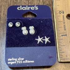 NWT Claire's Sterling Silver 3 Pierced Earrings Set, 17.00