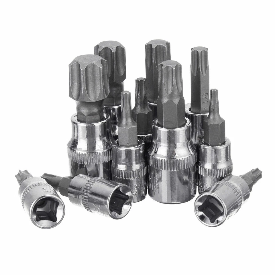 11Pcs T10-T60 3/8" 1/4" Driver Tamper Proof Torx Star Bit Socket Kit Tool Set - Image 2 of 4