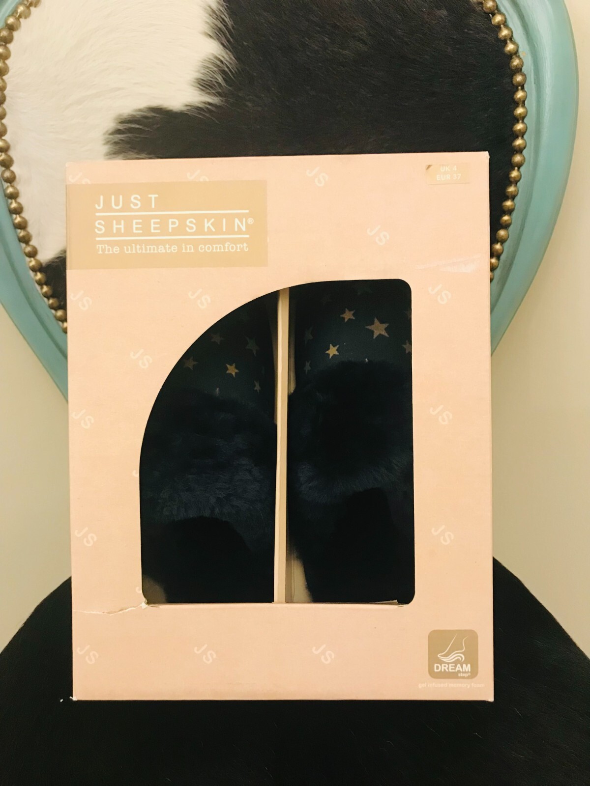 PANTOFOLA D’ORO NUOVE PANTOFOLE JUST PELLE DI PECORA STELLA ORO BLU SCAMOSCIATO TAGLIA 4 R.R.P. £70 00