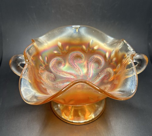 Antique Dugan Orange Carnival Glass Two-Handled Footed Bon Bon Dish