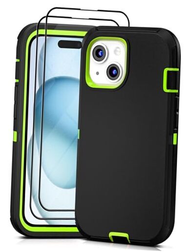 for Case with 2 Pack Screen Protector - Heavy Duty iPhone 15 BlackGreen