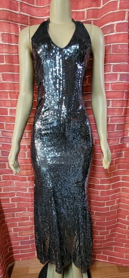 ABS allen schwartz Women Maxi dress gray metallic halter neck sequined Size 2#C3 - Image 2 of 4
