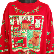 Vintage Christmas Teddy Bear Sweatshirt Mens Size Large 90s All Over Made In USA
