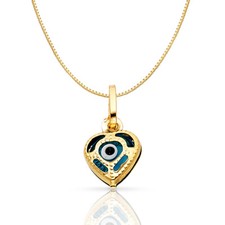 14K Yellow Gold Evil Eye Heart Charm Pendant with 0.8mm Box Chain Necklace