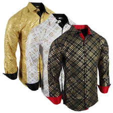 Mens Shirt Designer Plaid Stripe Shiny Gold Foil Overlay Stretch Slim Fit Button