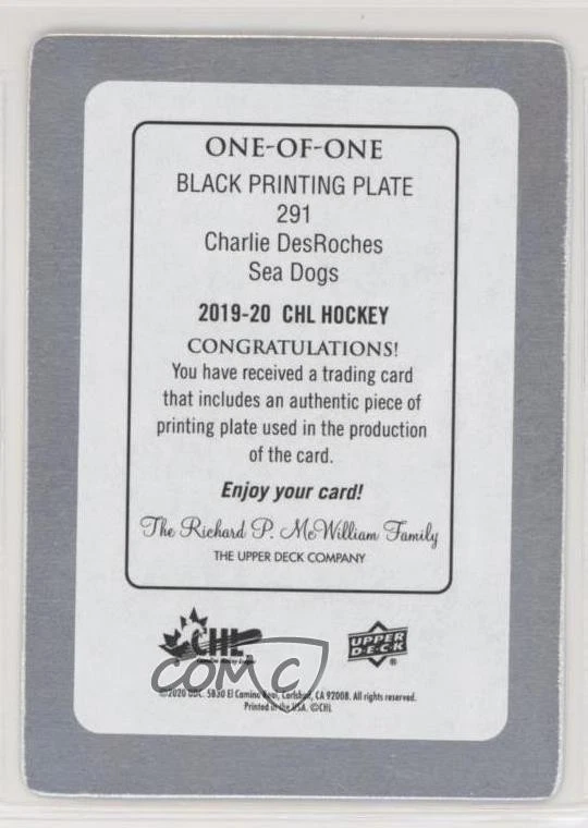 2019-20 Upper Deck CHL Printing Plate Black 1/1 Charlie DesRoches #291 - Image 2 of 2