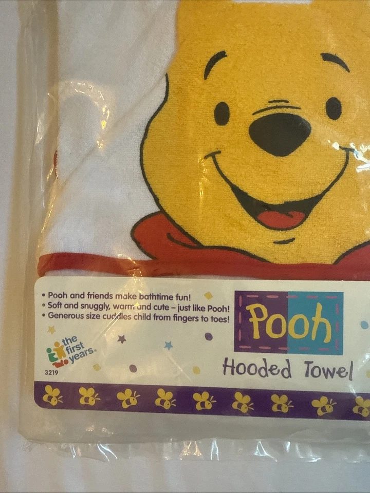 First Years Years Disney Winnie the Pooh Baby Hooded Towel White Red Trim VTG90s - Image 4 of 4