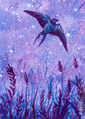 ACEO Original Acrylic Painting OOAK Starry Night With Swallow by Jasmine Star