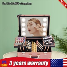 22" Rolling Makeup Case W/ Mirror  LED Light Cosmetic Box Trolley Organizer