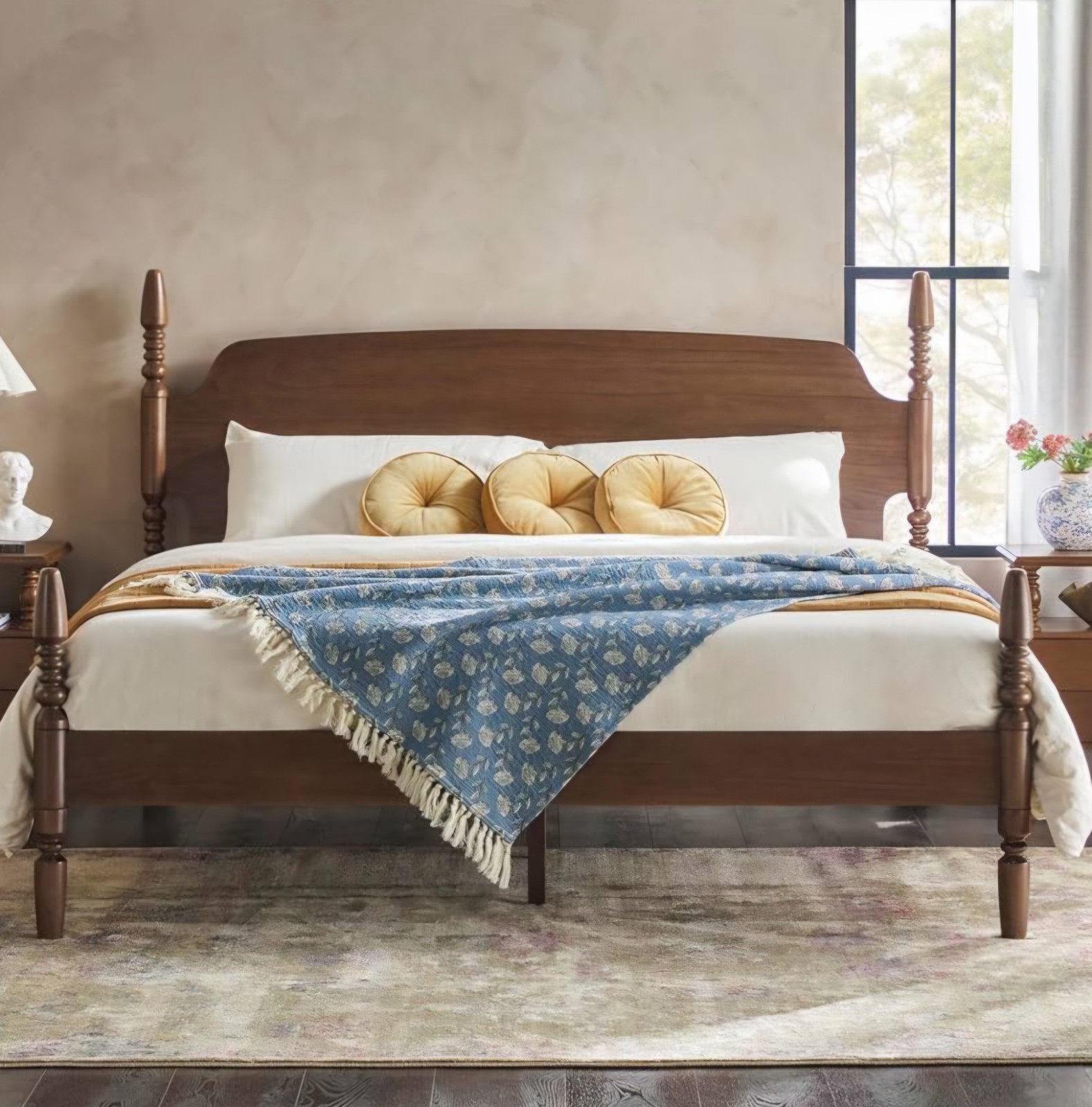 King Size Post Bed Frame, No Box Spring Frame, Modern Farmhouse, Dark Brown
