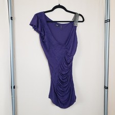 Guess Tunic Top /Micro Mini S Purple Ruched Pleats Flounce Sleeve Chain Mail Y2K