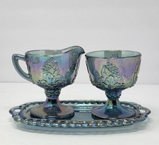 Indiana Glass Blue Carnival Glass Harvest Grape Pattern Footed Pitcher — listing 4