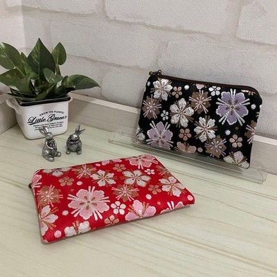 Kyoto Nishijin Textile Mini Pouch Set of 2 Cherry Pattern Handmade Japanese Gift