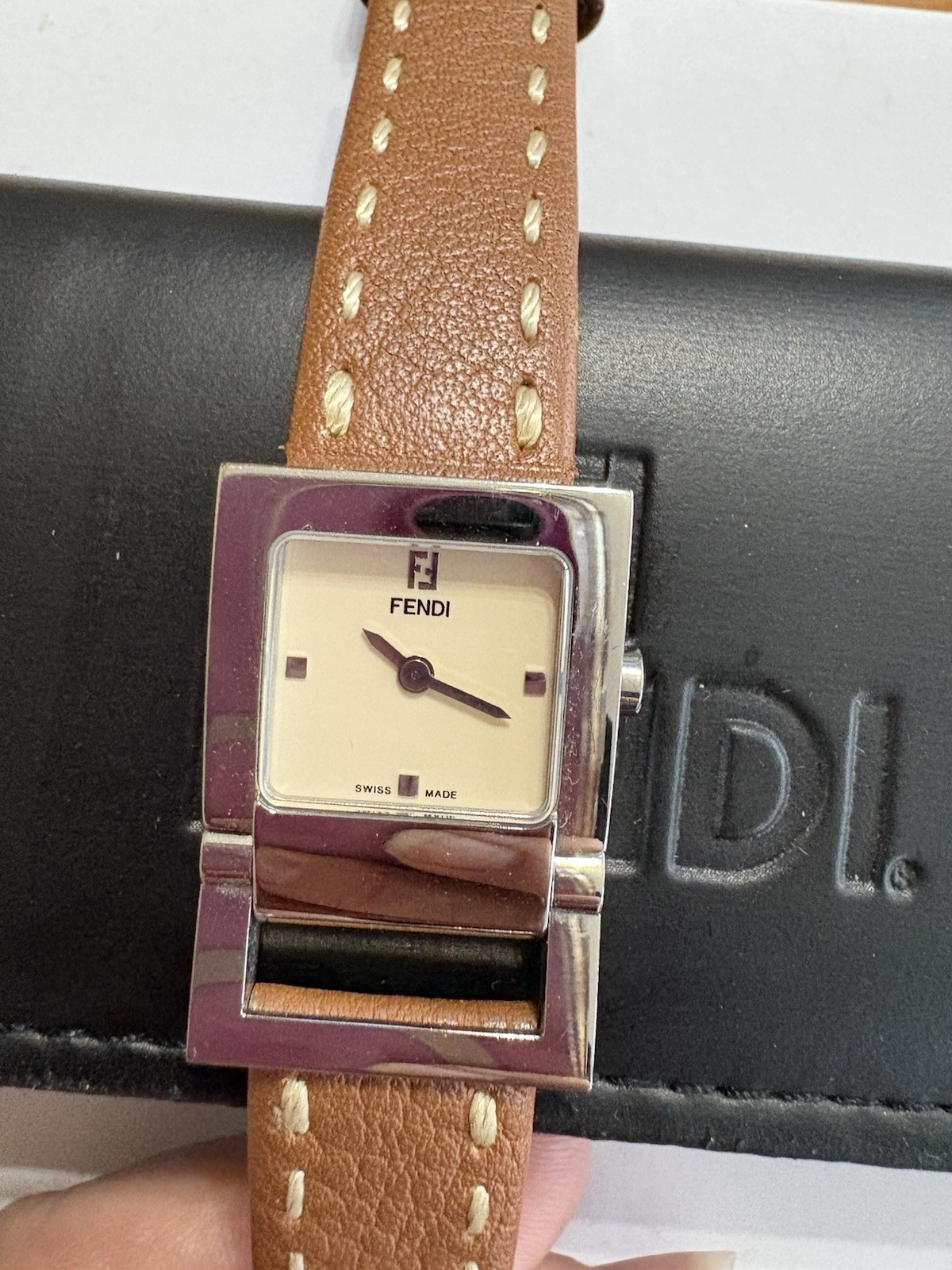 Fendi rectangular silver-tone watch with a tan le… - image 4