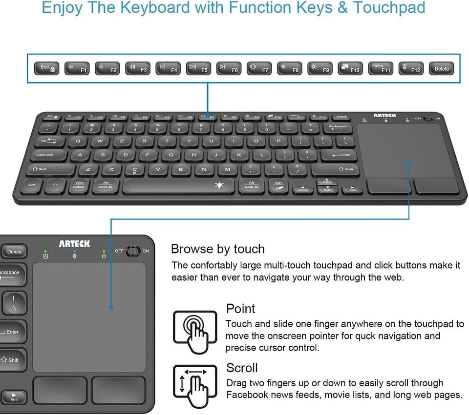 Arteck Universal Backlit Bluetooth Touch TV Keyboard with Touchpad - Image 2 of 4
