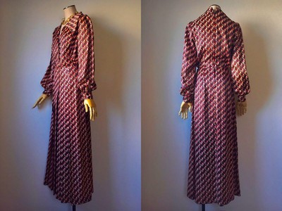 Busstop London 70s Vintage Geometric Maxi Dress Brown Red Satin UK  