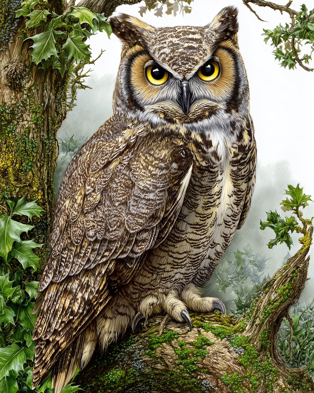 8x10 Great Horned Owl Perched on Branch Wildlife Art Print - 984178709 ...