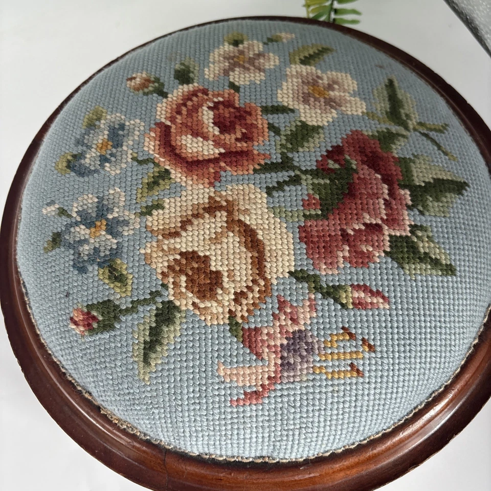 Antique Round Stool Woven Wood Cottage Furniture Vintage Floral Embroidered Top - Image 4 of 4