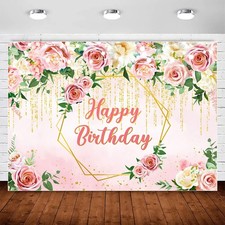InMemory Pink Rose Flower Happy Birthday Backdrop Banner Decorations for Wome...