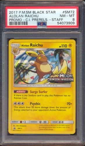2017 POKEMON BLACK STAR SM PROMO ALOLAN RAICHU STAFF #SM72 PSA 8!