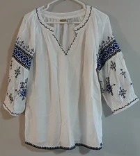 Collections Etc. Women's Size L White Cotton Blouse Embroidery on Puff Sleeves