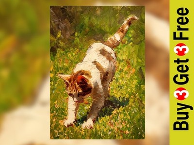 Sonnenbeschienene Katze Stretch 5''x7'' Druck auf mattem Papier | Verspielter Garten Ölgemälde