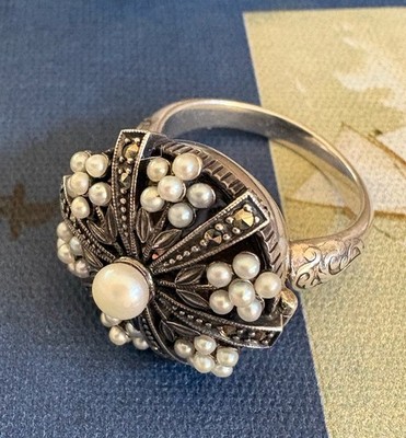 Pre-loved Silver 925 Pearl Flower Poison Pillbox Locket Ring Marcasite size 8.25