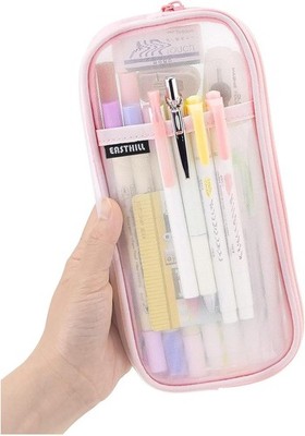 EASTHILL Grid Mesh Pen Pencil Case with Zipper Clear Makeup Medium, Pink 