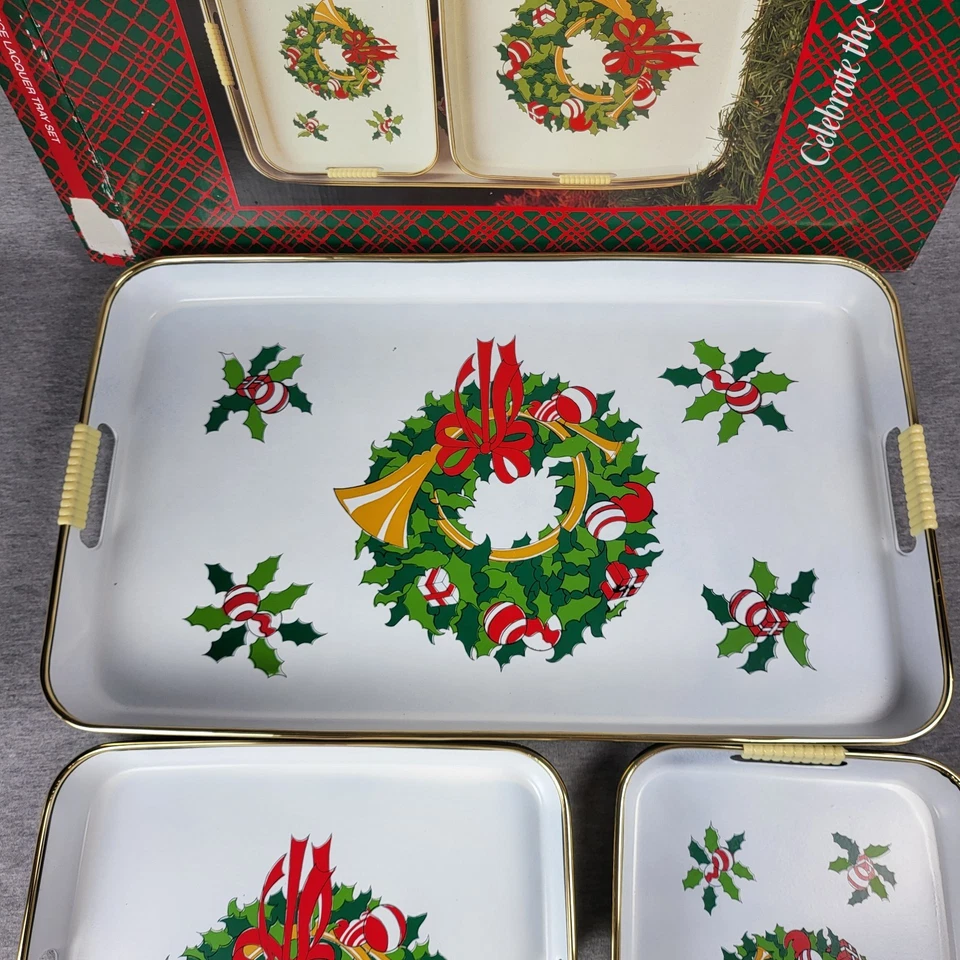 Vintage Christmas Wreath Metal Serving Tray Set Holiday Hostess Gift Made Japan - Image 3 of 4