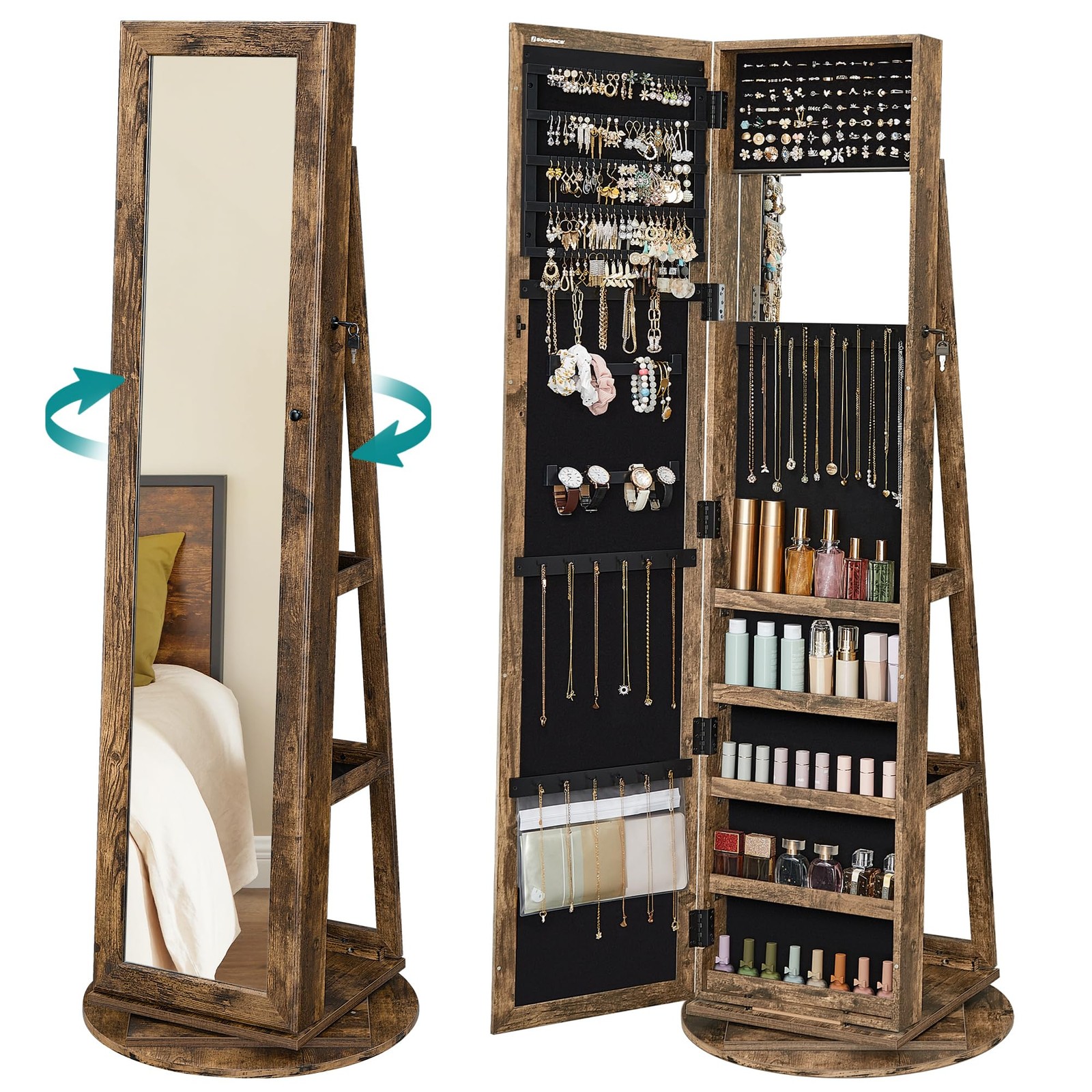 Armoire à bijoux en bois blanc avec miroir pleine longueur intégré