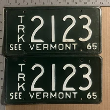 1965 Vermont truck license plate pair TRK 2123 YOM DMV Ford Chevy Dodge 20434