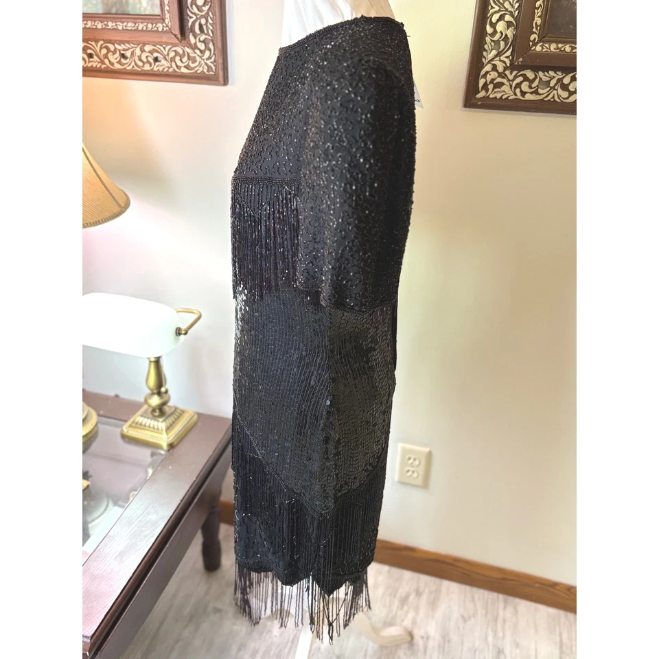 Rare NWT VTG Scala Beaded Fringe Dress Short Sleeve Cocktail Party LBD SZ 12 - Image 3 of 4
