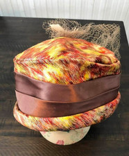 Vintage Ladies Hat Pillbox Netting Orange Red Gold Fall Vibe Mid Century Modern