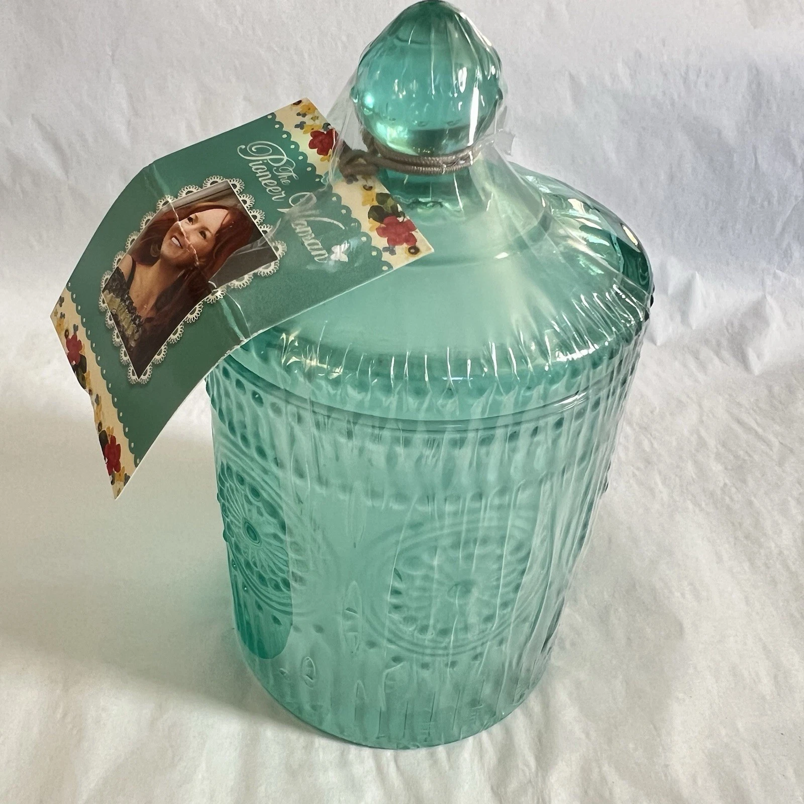 Pioneer Woman Adeline Teal Glass Jar Candy Storage 3.5” X 6” New