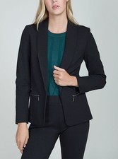 Calvin Klein Blazer Jacket Size 4 Black Open Front Zipper Pockets Shawl Collar