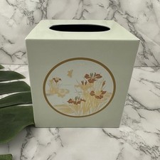 Vintage 90s Tissue Box Cover Cream Gold Butterfly Iris Flowers Cottage Decor