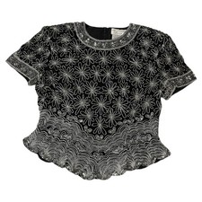 Formal Beaded Blouse Adrianna Papell Boutique Evening Medium Black Vintage 80s