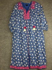 J Crew Dress Womens Large Blue Pink Floral Boho Tassel Maxi Caftan Embroidered