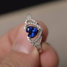 lab created Blue Sapphire Wedding Ring Heart Shape silver promise ring for women
