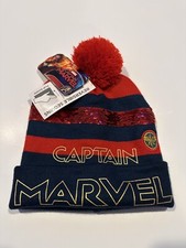 Captain Marvel Beanie Winter Hat Cap Blue Red Sequin Pom Stretch