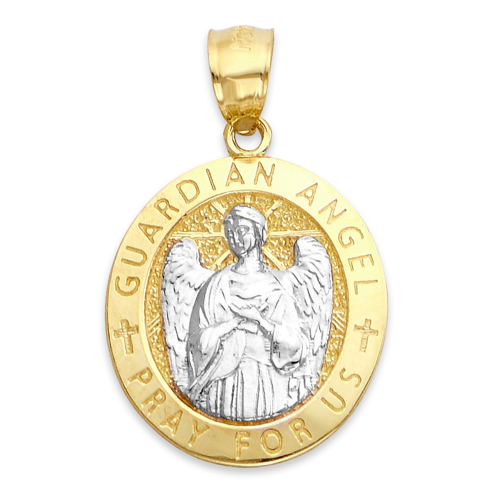 Real Solid Two-Tone Gold Guardian Angel Pendant with Engraving in 10k or 14k