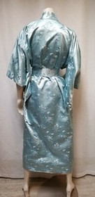 Vintage Blue Satin Floral Jacquard Long Kimono with Belt - Made in Japan