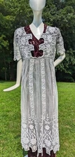EDWARDIAN WHITE NET TEA DRESS W FLORAL COUCHED EMBROIDERY