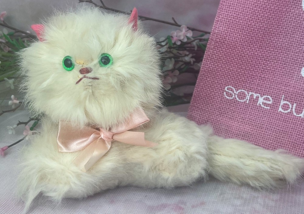 Vintage Jerry Elsner Cream Rabbit Fur Musical Stuffed Cat with Green Eyes