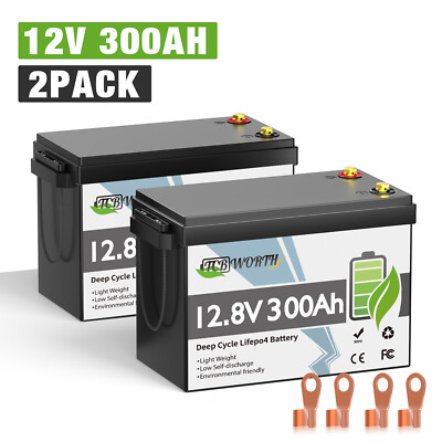 2Pack 12V 300Ah (12V 600Ah）LiFePO4 Lithium Battery 15000+Cycle 200A BMS RV Solar